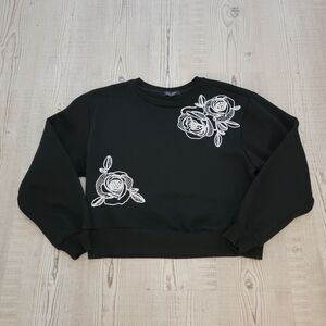 Black Crop Sweatshirt with Embroidered Beaded Floral Design